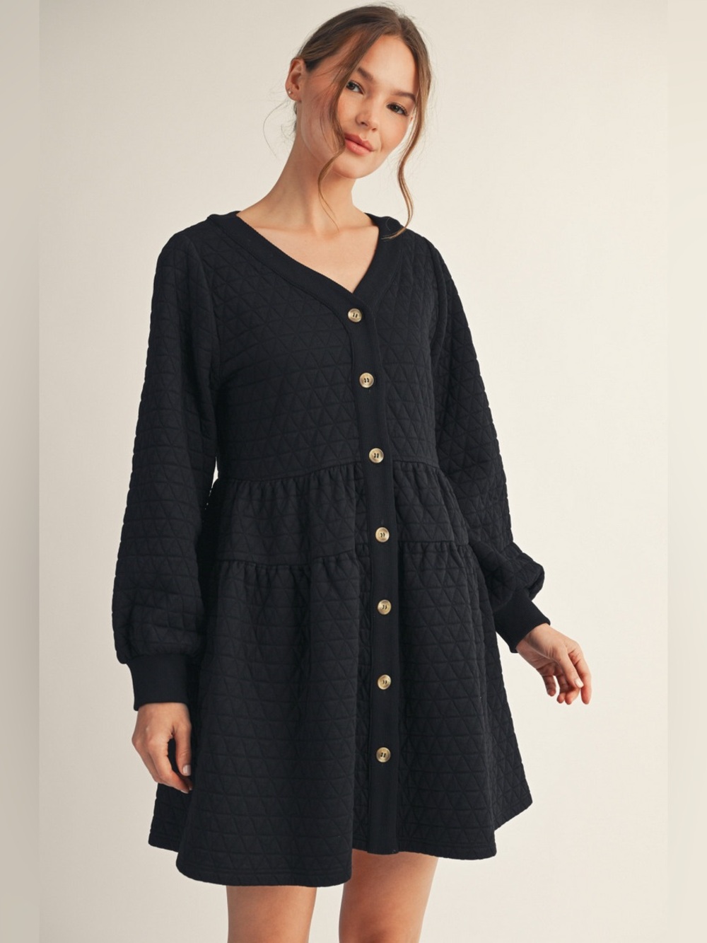 128 New! Quilted Button-Front Black Dress